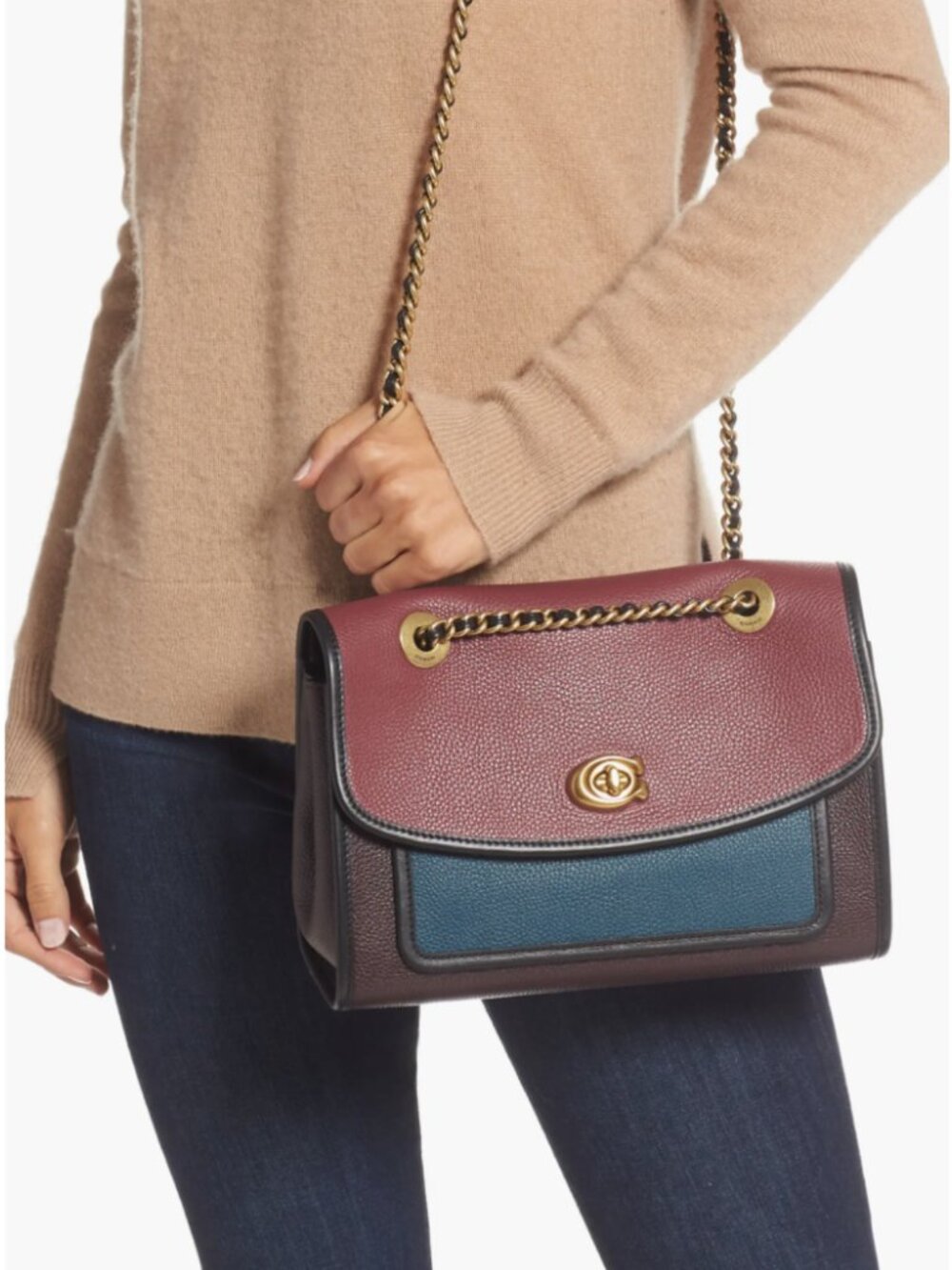 NWT COACH Peacock Colorblock Multi Parker Leather Shoulder Bag w. Chain Strap - Picture 4 of 13